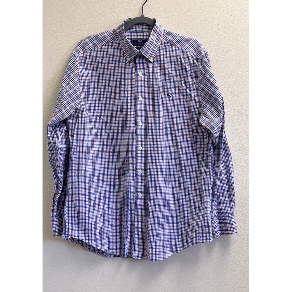 Vineyard Vines Mens Slim Fit Whale Shirt Blue Pink Plaid Check Button Down Large